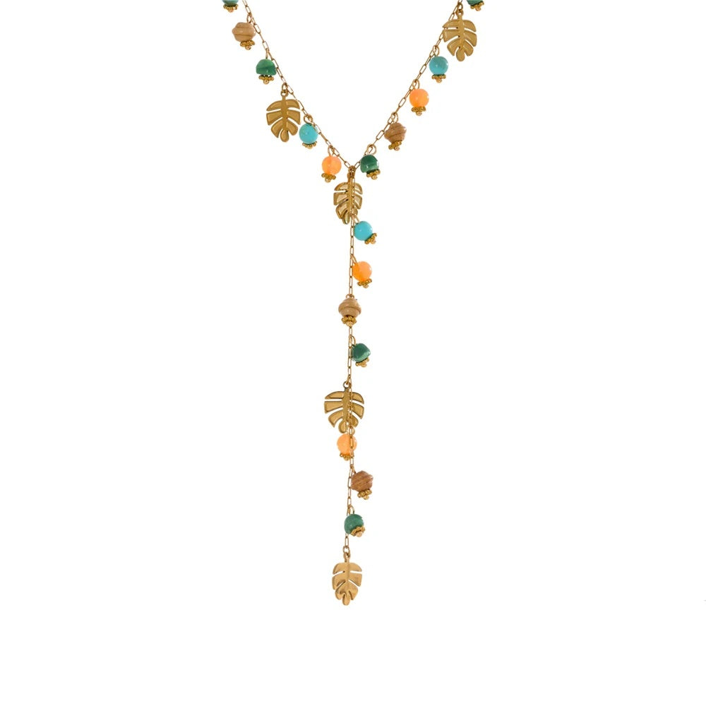 Colorful natural stone chain leaf pendant necklace - product image