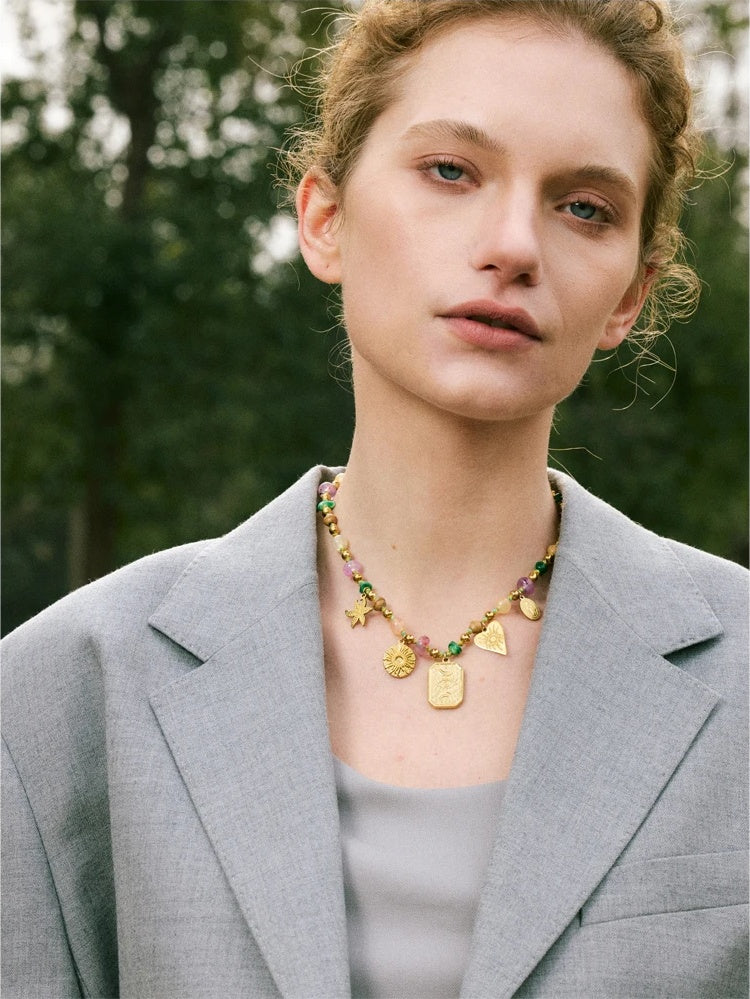 Colorful natural stone eye square pendant necklace - product image