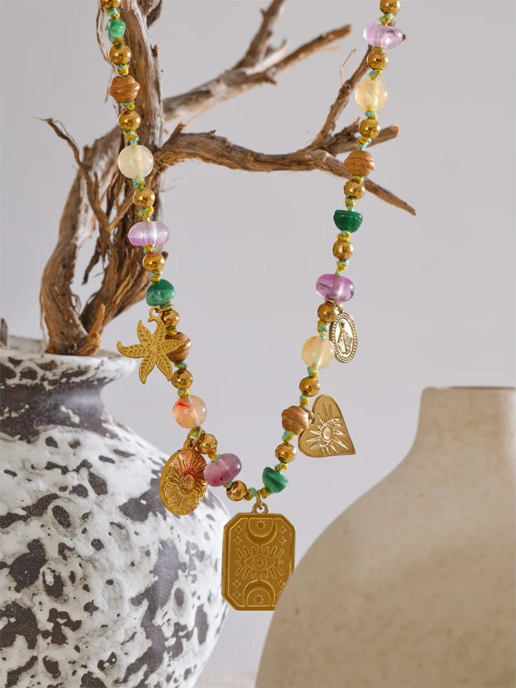 Colorful natural stone eye square pendant necklace - product image