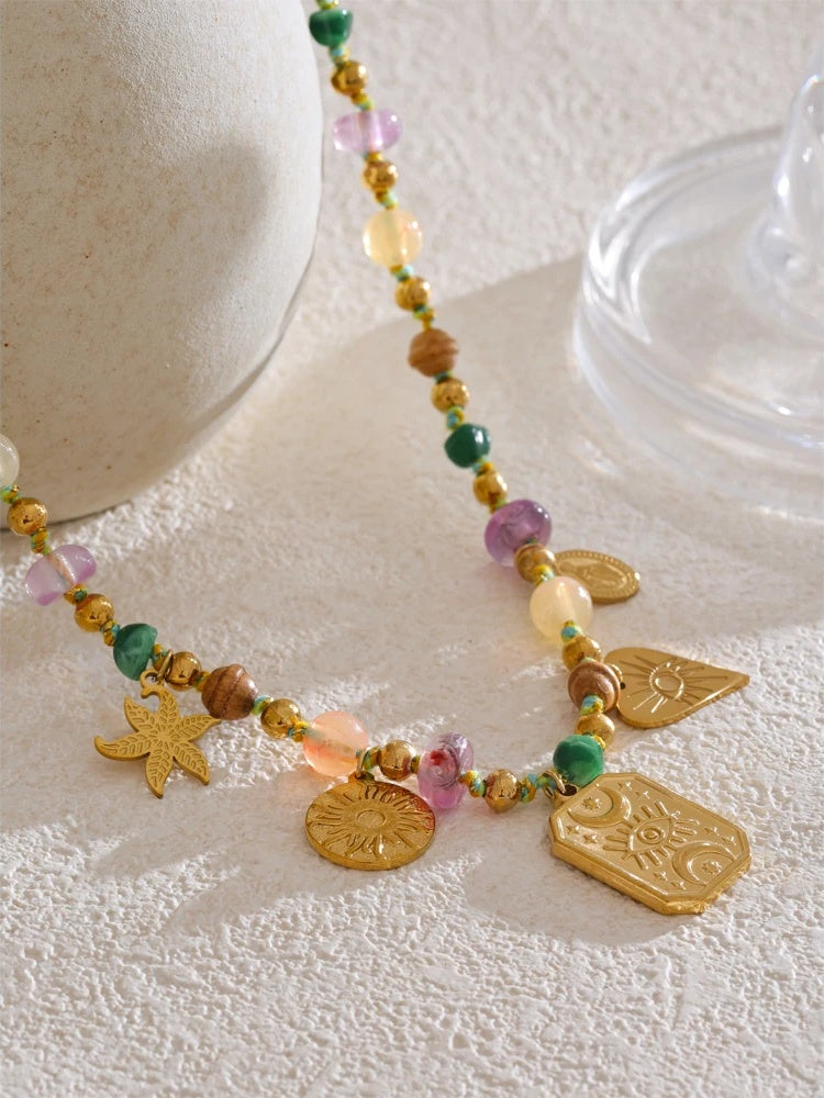 Colorful natural stone eye square pendant necklace - product image