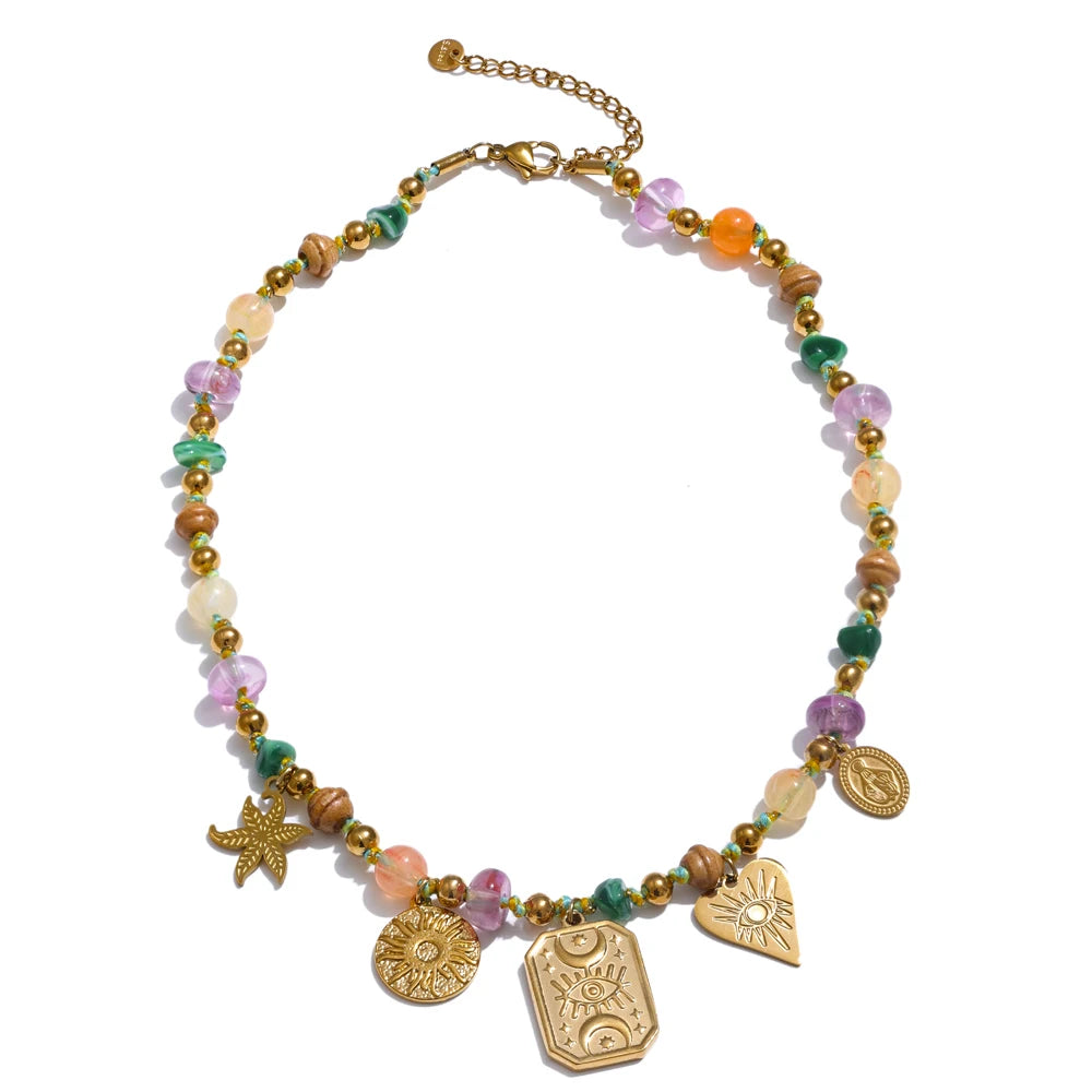 Colorful natural stone eye square pendant necklace - product image