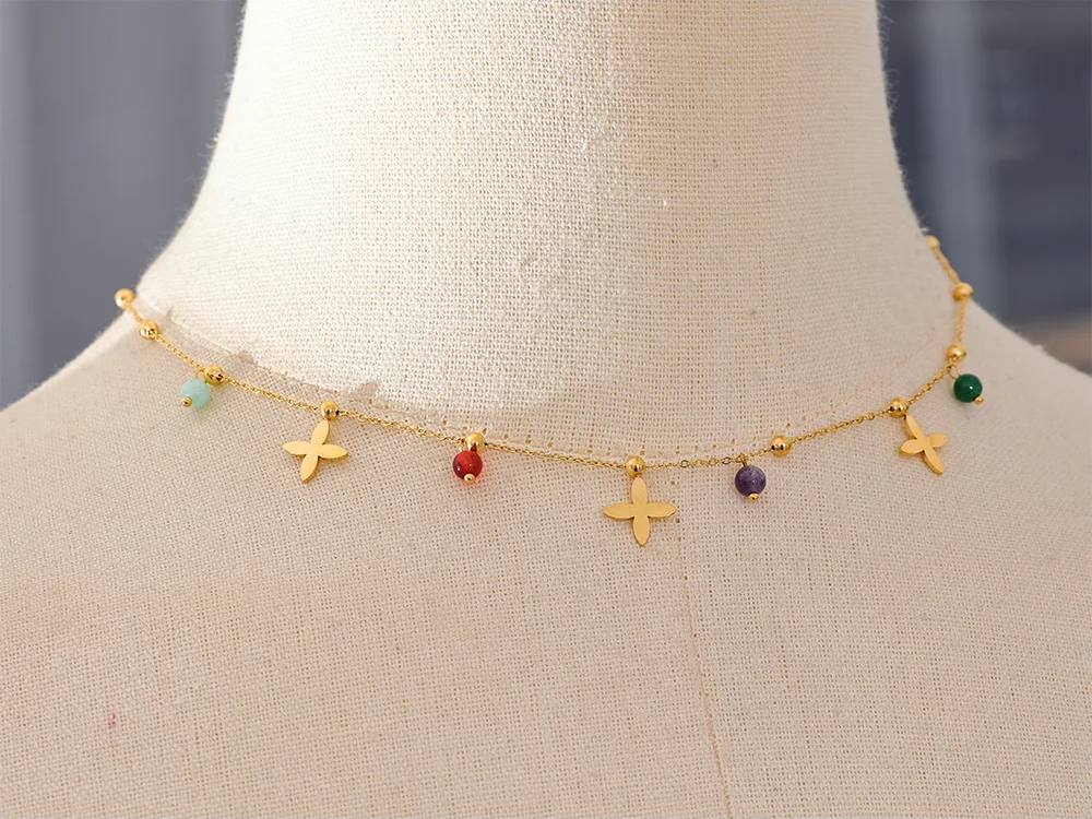 Colorful natural stone flower pendant necklace - product image