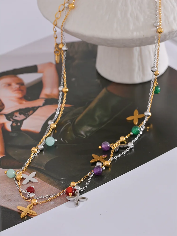Colorful natural stone flower pendant necklace - product image
