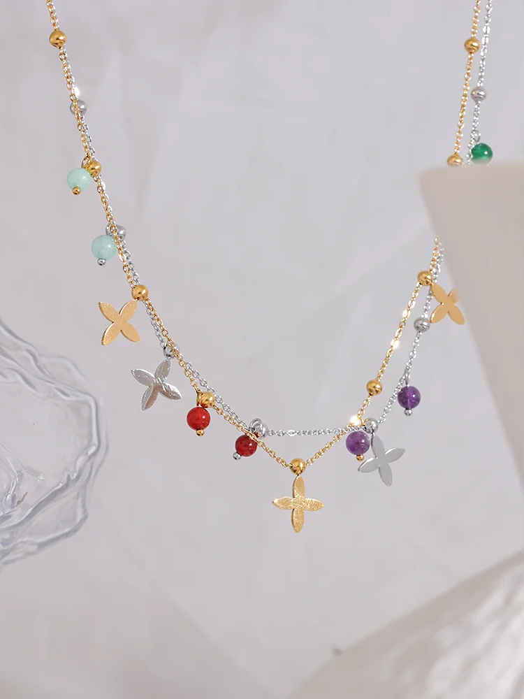 Colorful natural stone flower pendant necklace - product image