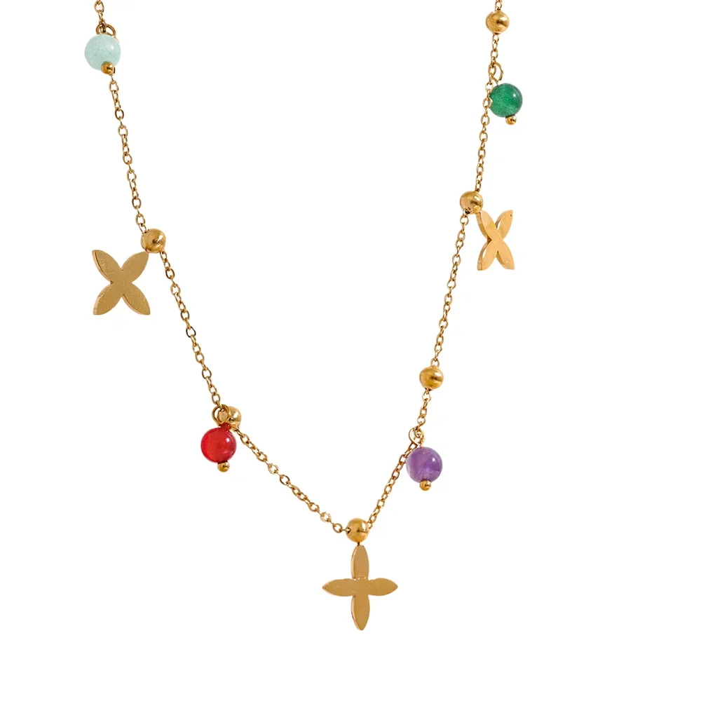 Colorful natural stone flower pendant necklace - product image