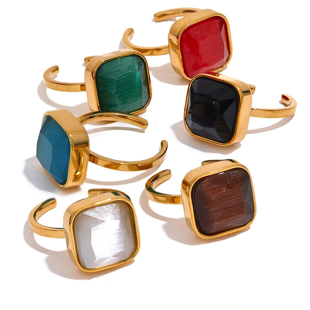 Colorful opal natural cat eye square ring - product image
