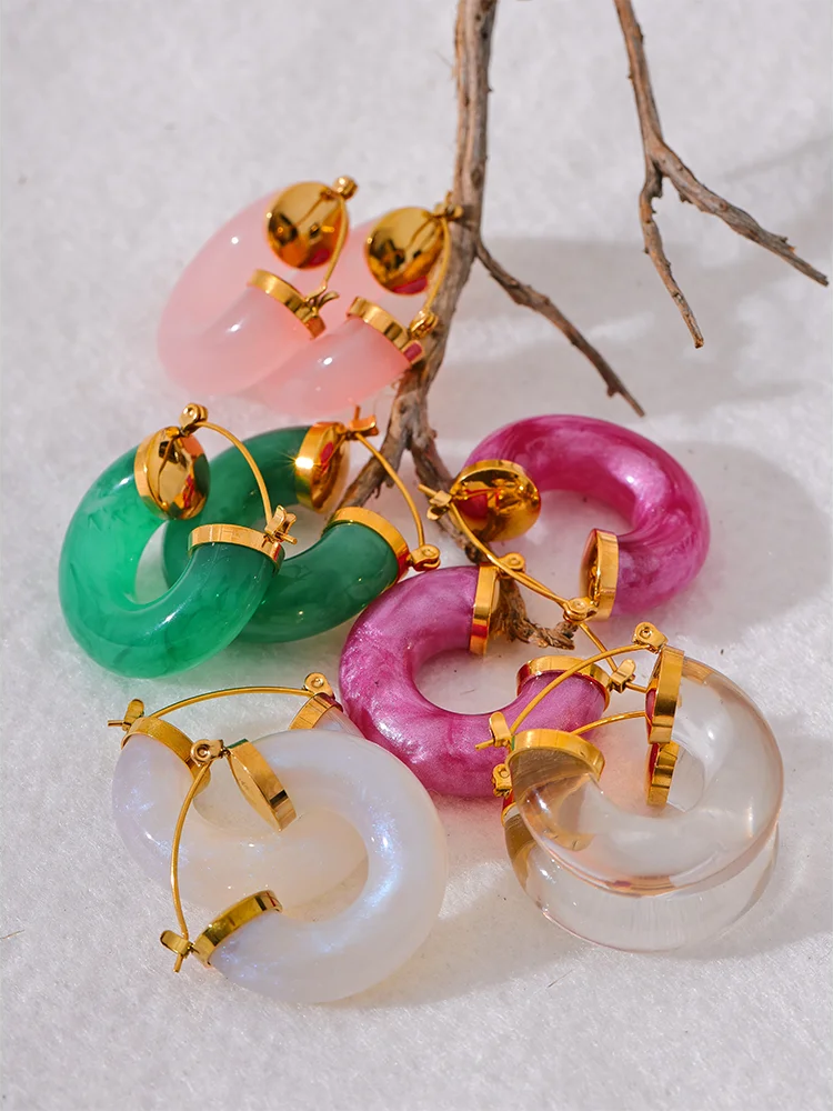 Colorful resin round hoop earrings - product image