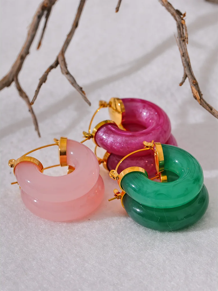 Colorful resin round hoop earrings - product image