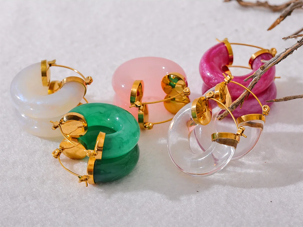 Colorful resin round hoop earrings - product image