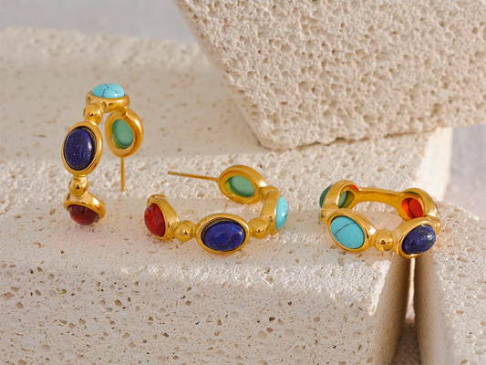 Colorful vintage stone large hoop high quality earrings - product image