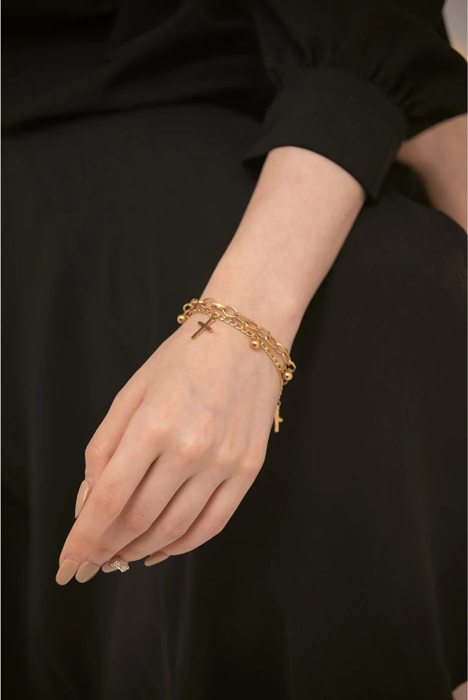 Cross layered link chain charm bracelet - product image