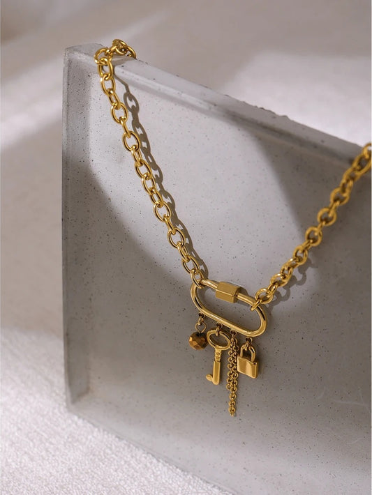 Crystal lock key minimalist pendant chain necklace - product image