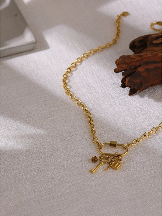 Crystal lock key minimalist pendant chain necklace - product image