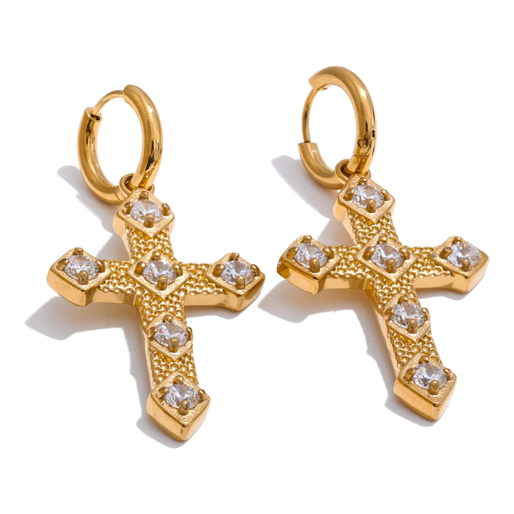 Cubic zirconia cross drop hoop earrings - product image