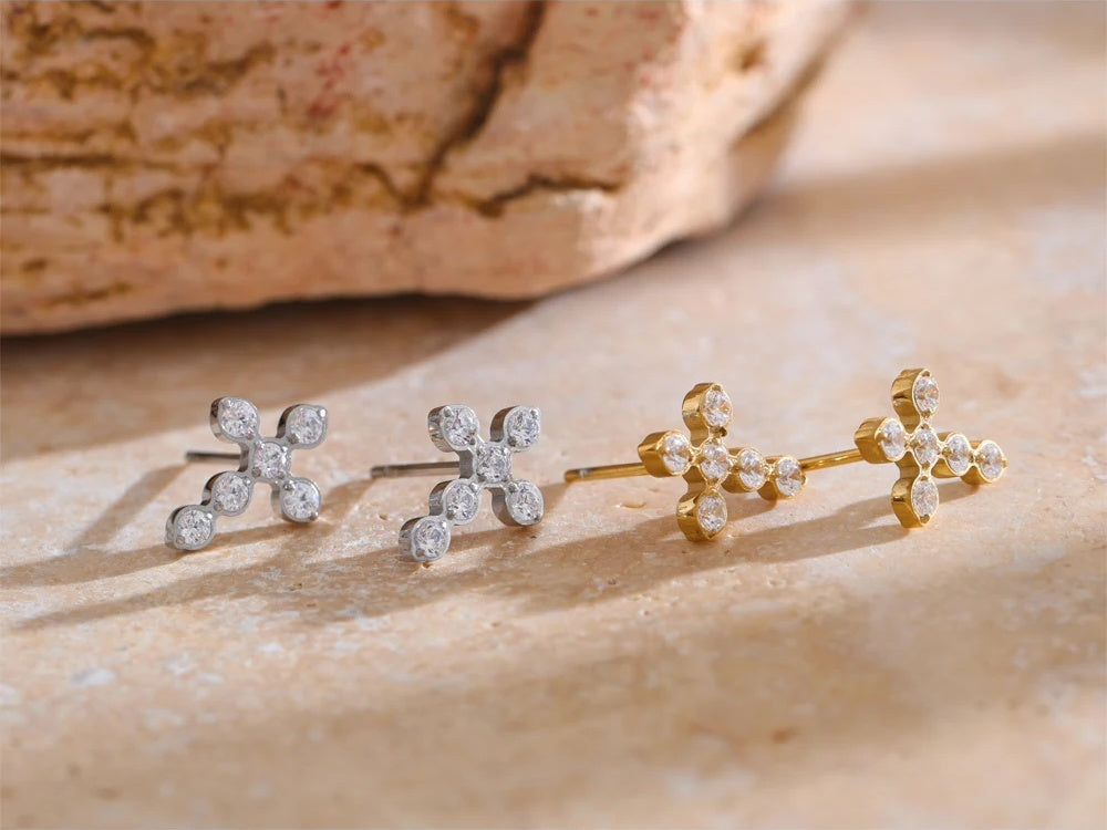 Cubic zirconia cross small push-back stud earrings - product image