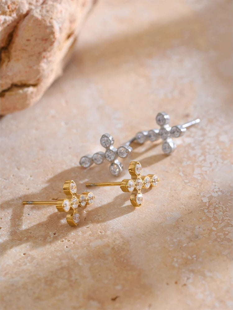 Cubic zirconia cross small push-back stud earrings - product image