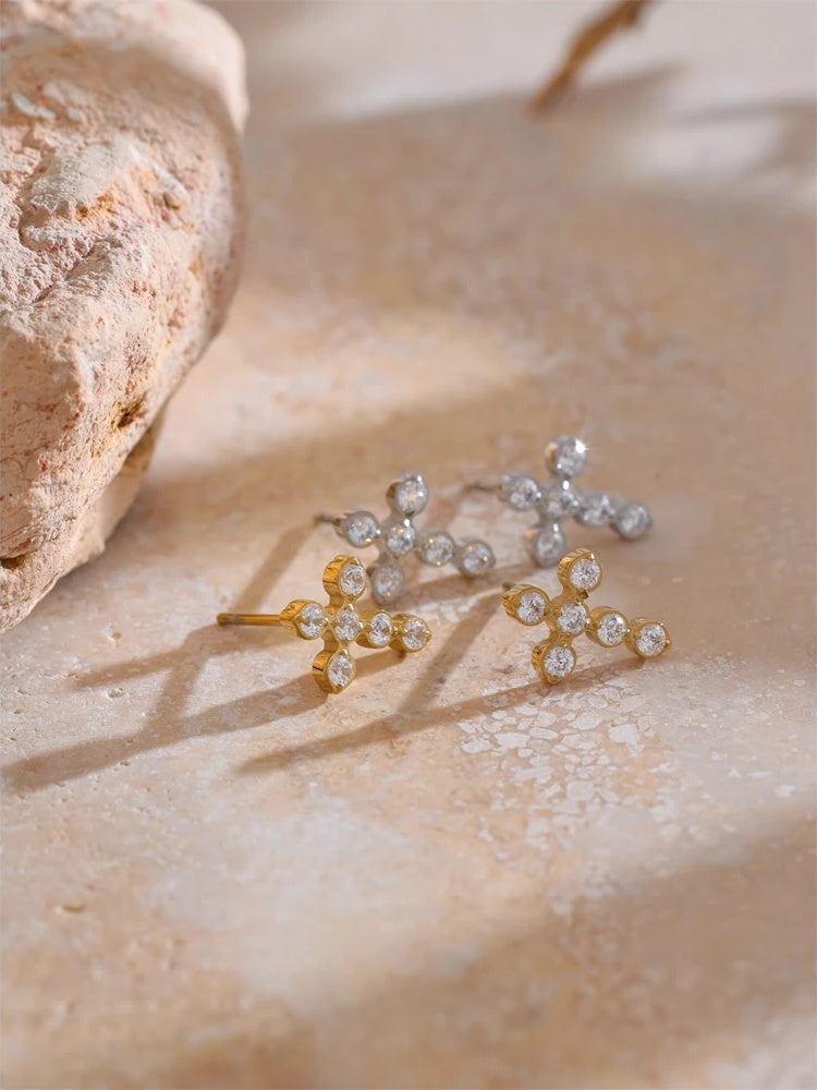 Cubic zirconia cross small push-back stud earrings - product image