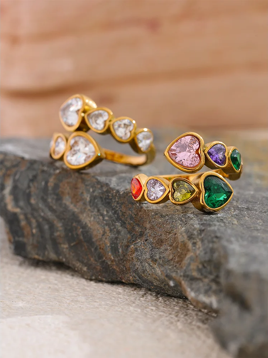 Cubic zirconia heart adjustable fashion open ring - product image