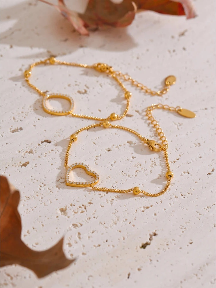 Cubic zirconia heart round hollow chain bracelet - product image
