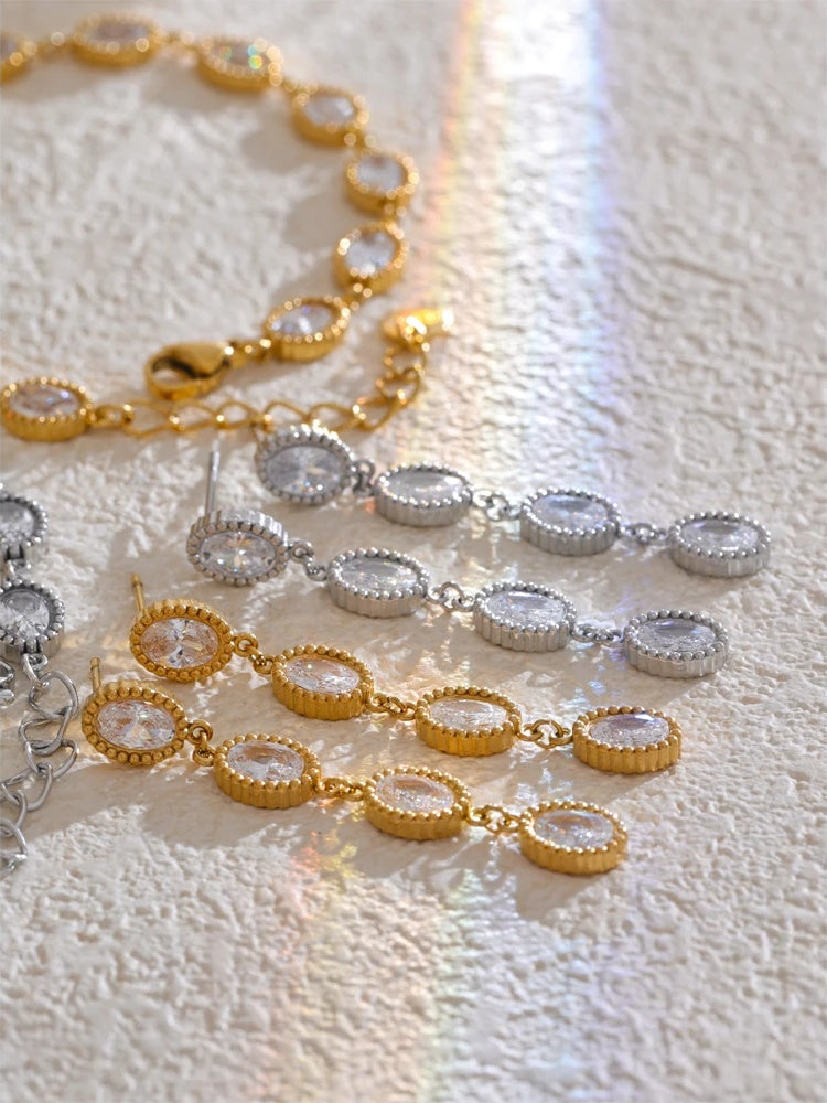 Cubic zirconia oval chain bracelet earrings set - product image