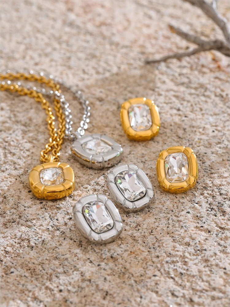 Cubic zirconia rectangle pendant earrings set - product image