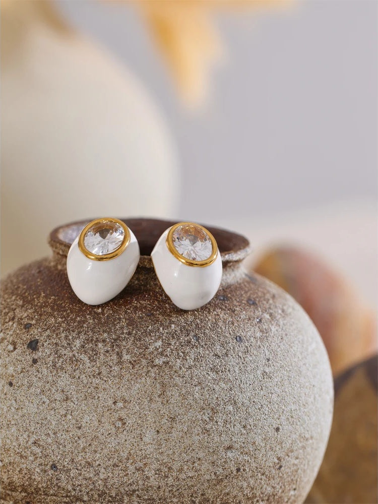 Cubic zirconia white enamel oval abstract stud earrings - product image