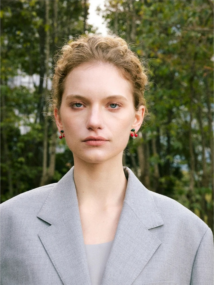 Cute cherry enamel abstract stud earrings - product image