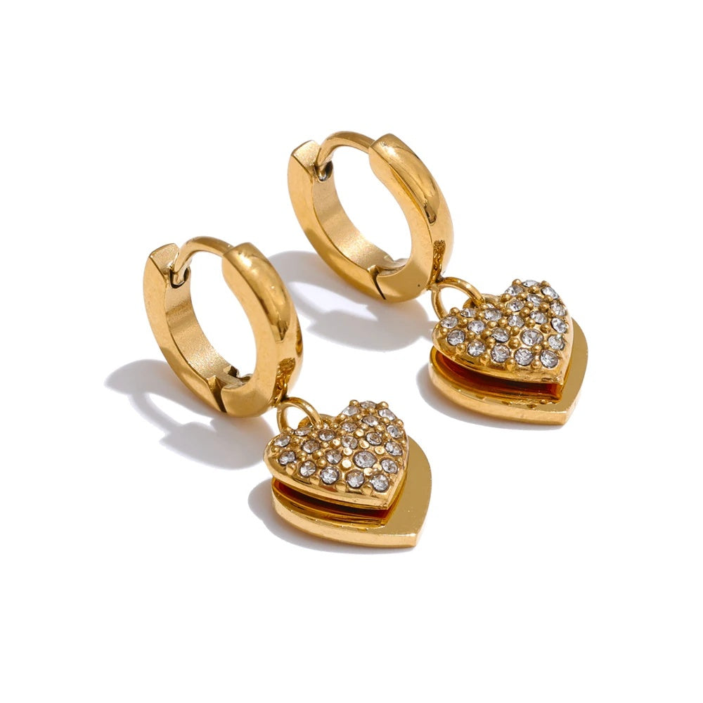Double heart cubic zirconia drop hoop earrings - product image