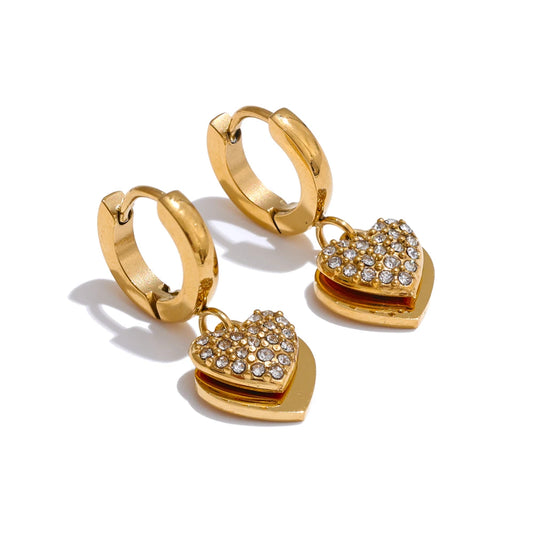 Double heart cubic zirconia drop hoop earrings - product image