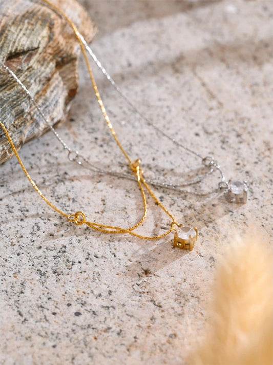 Double-layer chain zirconia pendant necklace - product image