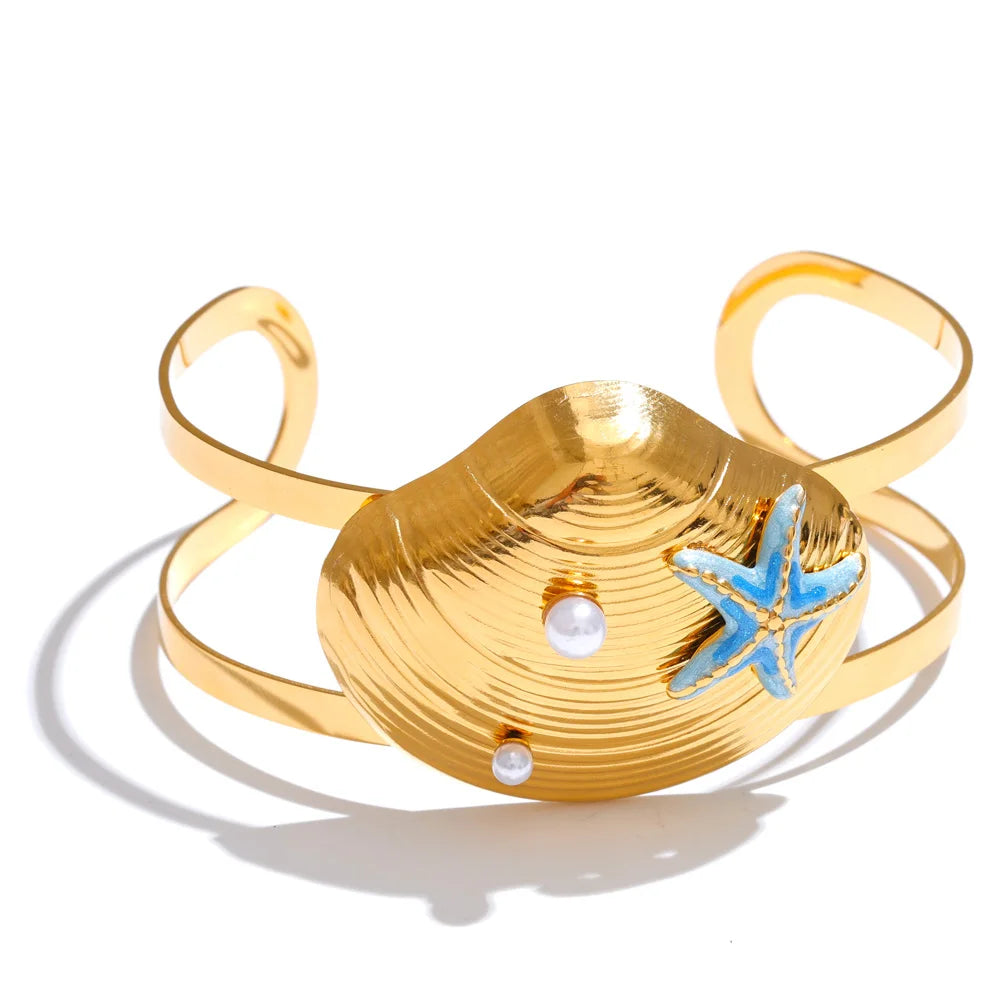 Enamel conch turtle shell wide cuff bracelet - product image