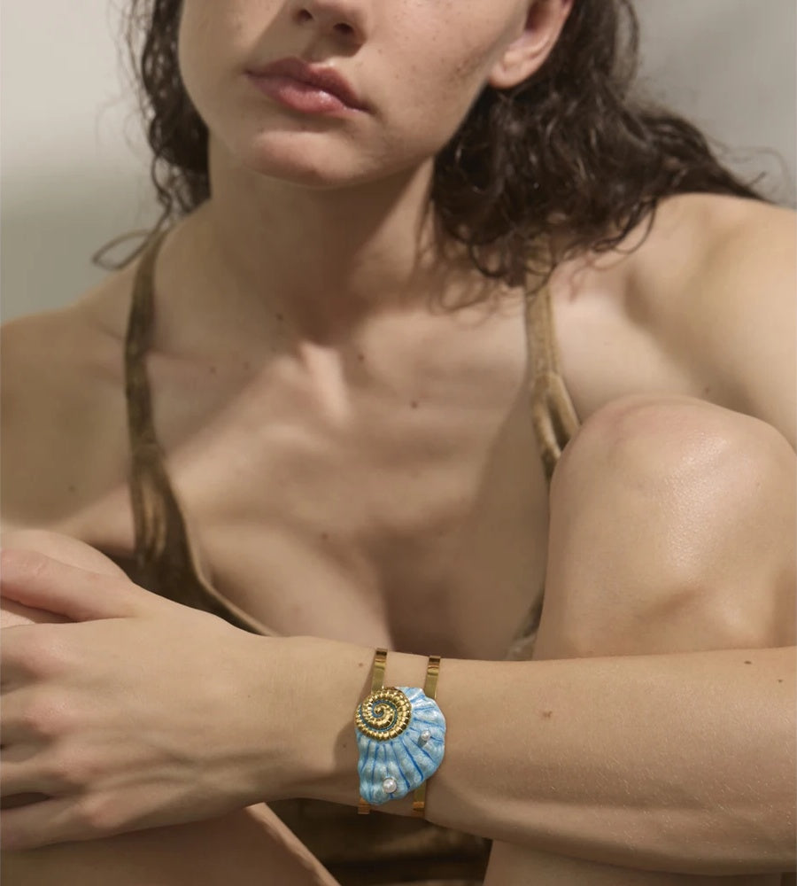 Enamel conch turtle shell wide cuff bracelet - product image