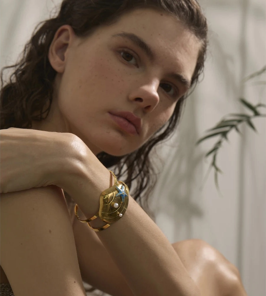 Enamel conch turtle shell wide cuff bracelet - product image