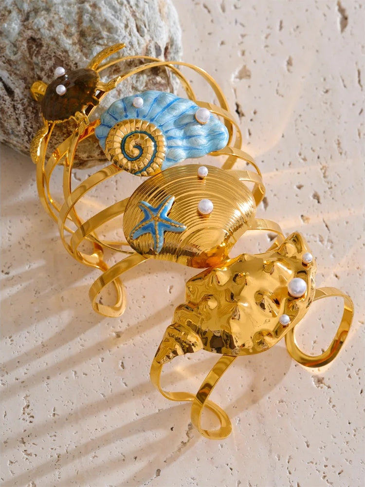 Enamel conch turtle shell wide cuff bracelet - product image