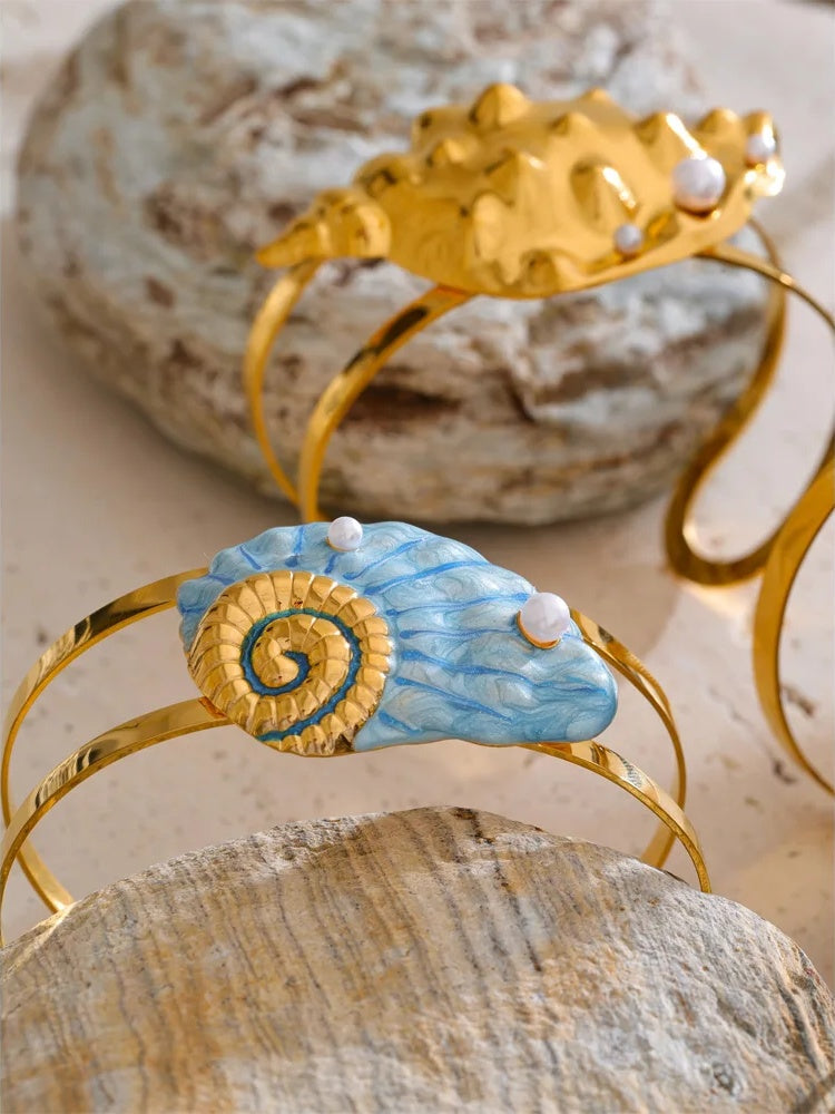 Enamel conch turtle shell wide cuff bracelet - product image