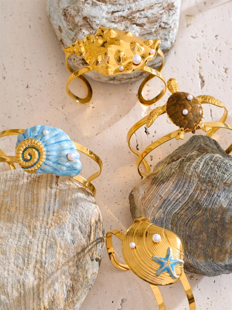 Enamel conch turtle shell wide cuff bracelet - product image