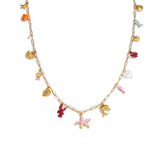 Enamel fish crayfish conch starfish pendant necklace - product image