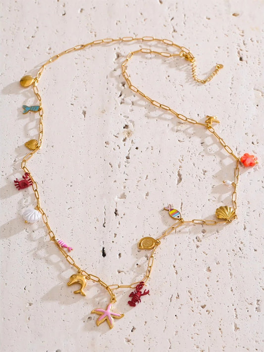 Enamel fish crayfish conch starfish pendant necklace - product image