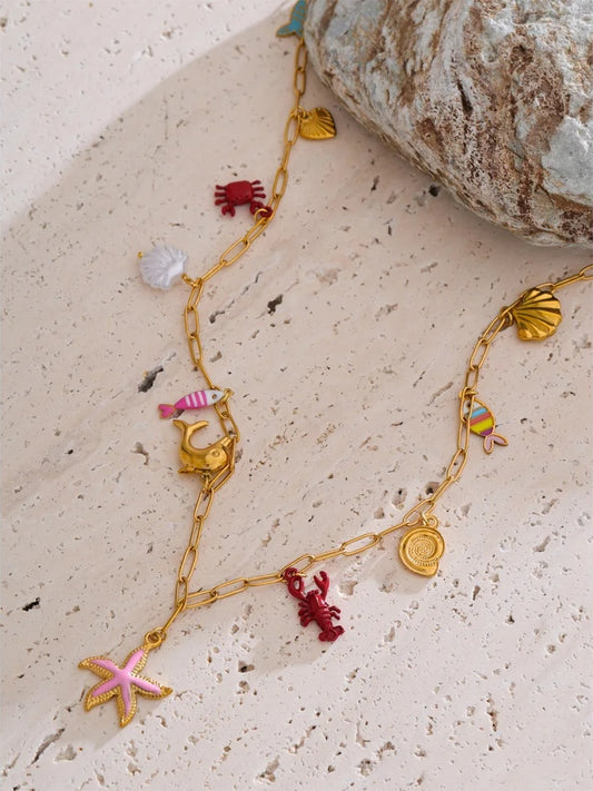 Enamel fish crayfish conch starfish pendant necklace - product image