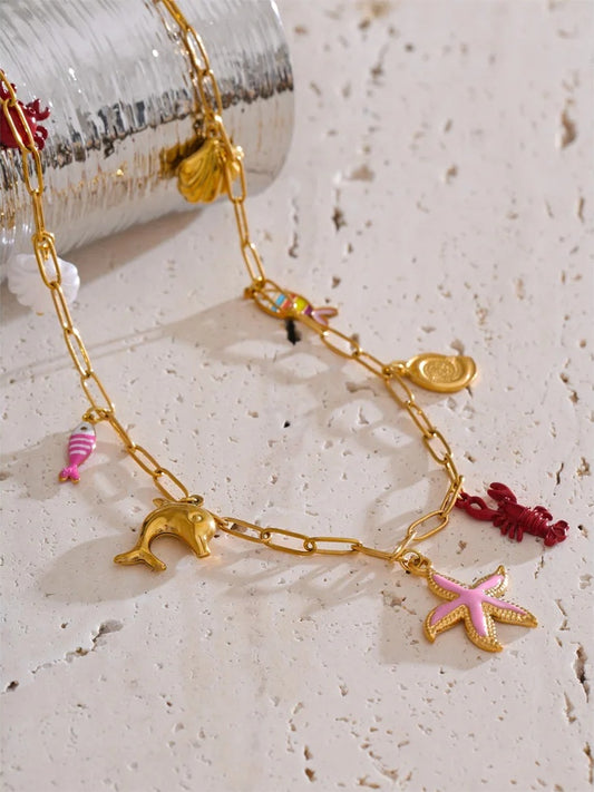 Enamel fish crayfish conch starfish pendant necklace - product image