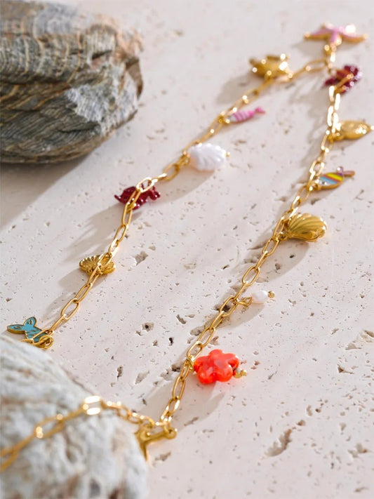 Enamel fish crayfish conch starfish pendant necklace - product image