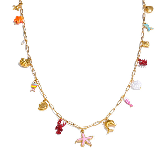 Enamel fish crayfish conch starfish pendant necklace - product image