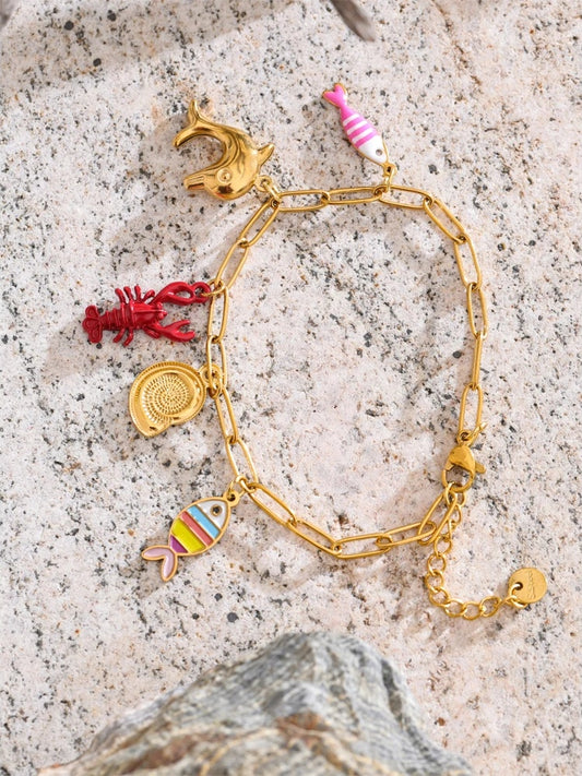 Enamel fish shell lobster charm bracelet - product image