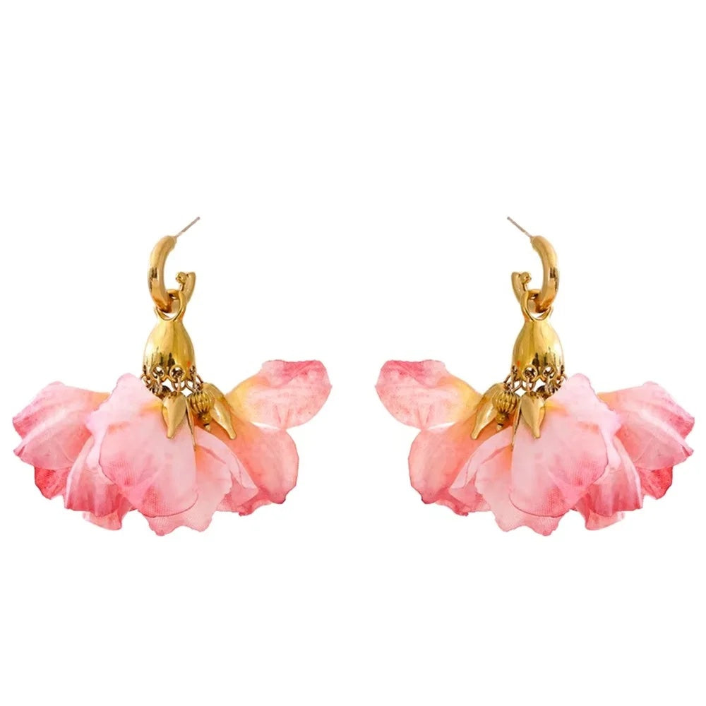 Fairy romantic pink cloth flower drop earrings - product image