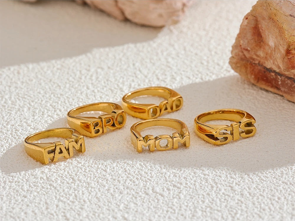 Family letter cast texture gold color statement ring - product image