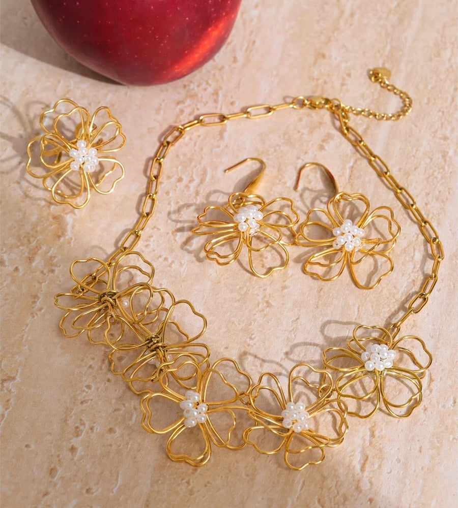 Flower necklace earrings ring jewelry set - product image