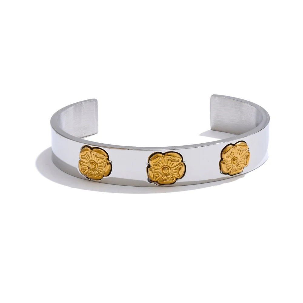 Flower pattern open cuff statement bracelet - product image