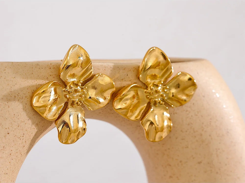Flower stud earrings metal texture women - product image