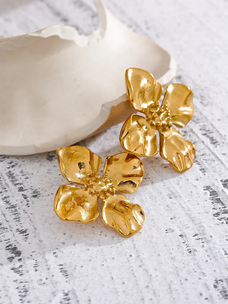 Flower stud earrings metal texture women - product image
