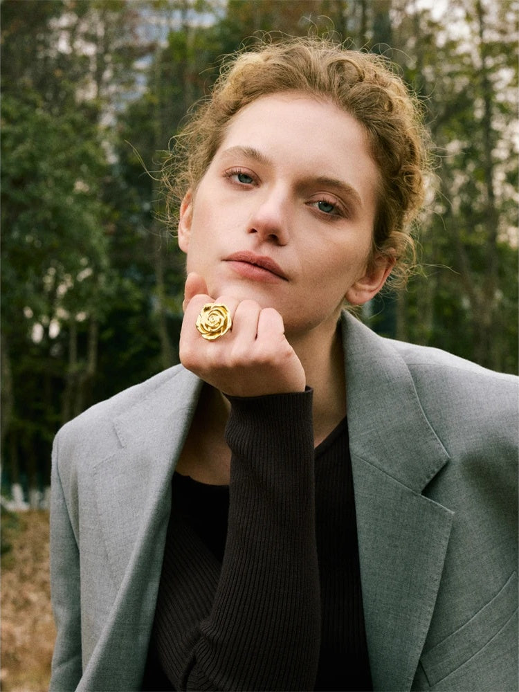 Flower texture open adjustable metal charm ring - product image